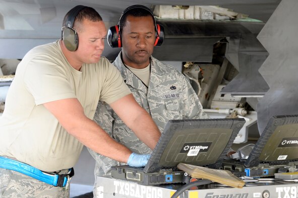 Tech. Sgt. Lawrence (right) verifies that Staff Sgt. Justin completed the aircraft forms properly reflecting the engine was installed prior to starting a key task listing inspection at an Feb. 18, 2015, at an undisclosed location in Southwest Asia. The quality assurance team has conducted roughly a thousand more inspections than typically accomplished by past rotations as well as advised and recommended eight one-time inspections to the maintenance group commander. Lawrence is a QA inspector and Justin is na F-22 Raptor crew chief.  (U.S. Air Force photo/Tech. Sgt. Marie Brown) 