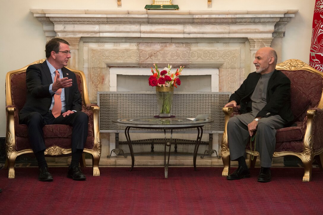 U.S. Defense Secretary Ash Carter meets with Afghan President Ashraf Ghani at the presidential palace in Kabul, Afghanistan, Feb. 21, 2015. Carter also met with U.S. service members during his first trip to Afghanistan as secretary. 