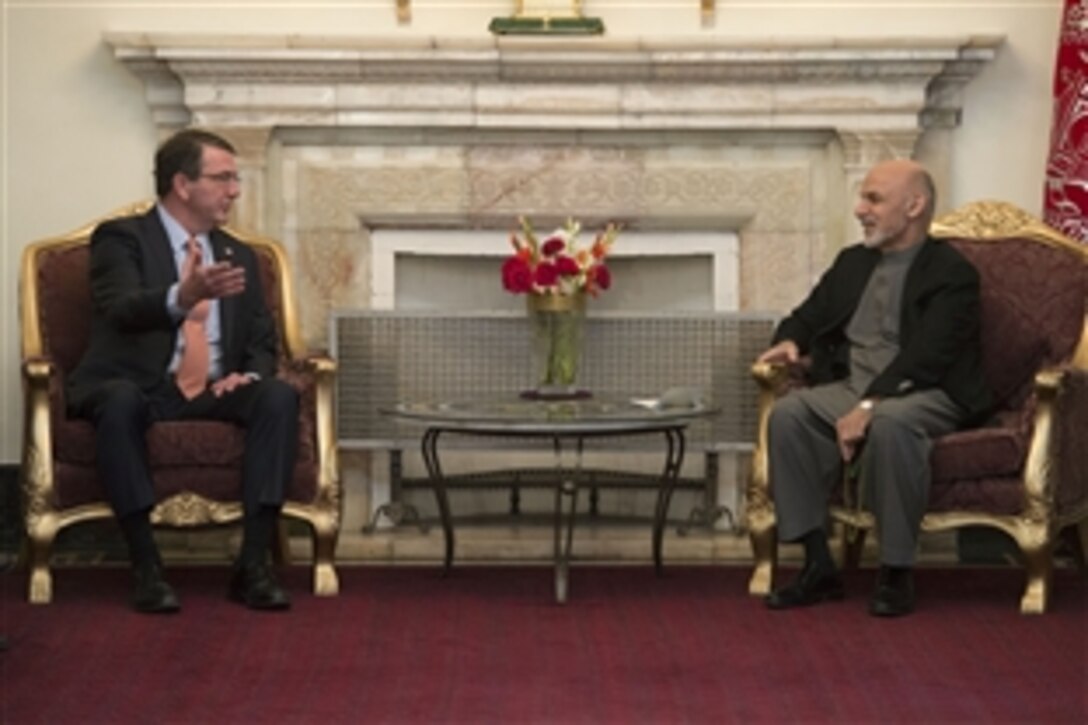 U.S. Defense Secretary Ash Carter meets with Afghan President Ashraf Ghani at the presidential palace in Kabul, Afghanistan, Feb. 21, 2015. Carter also met with U.S. service members and local commanders during his first trip to Afghanistan as secretary. 