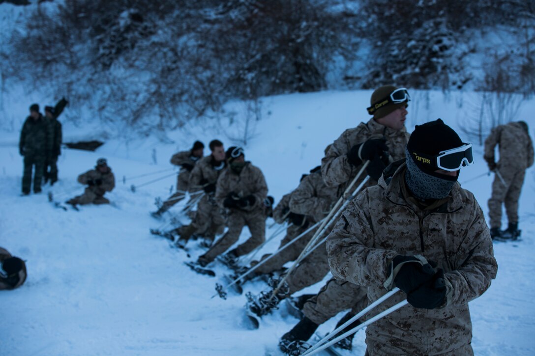 U.S. Reconnaissance Marines learn how to fall properly while skiing Jan. 23 in Pyeongchang, Republic of Korea. The proper fall is to tuck your ski poles off to the opposite side of your fall, fall uphill and land on your leg, shoulder and hip to protect your head and wrists from damage. The U.S. Marines are with Alpha Company, 3rd Reconnaissance Battalion, 3rd Marine Division, III Marine Expeditionary Force.