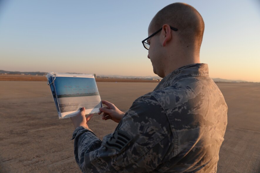 Staff Sgt. Daniel Schon, a 51st Operations Support Squadron weather flight forecaster, performs a surface visibility observation check on the flight line Feb. 12, 2015, at Osan Air Base, Republic of Korea. To effectively provide readiness to Osan’s mission, the weather flight is split into two main elements: the airfield services element and the mission weather element. (U.S. Air Force photo by Senior Airman David Owsianka)