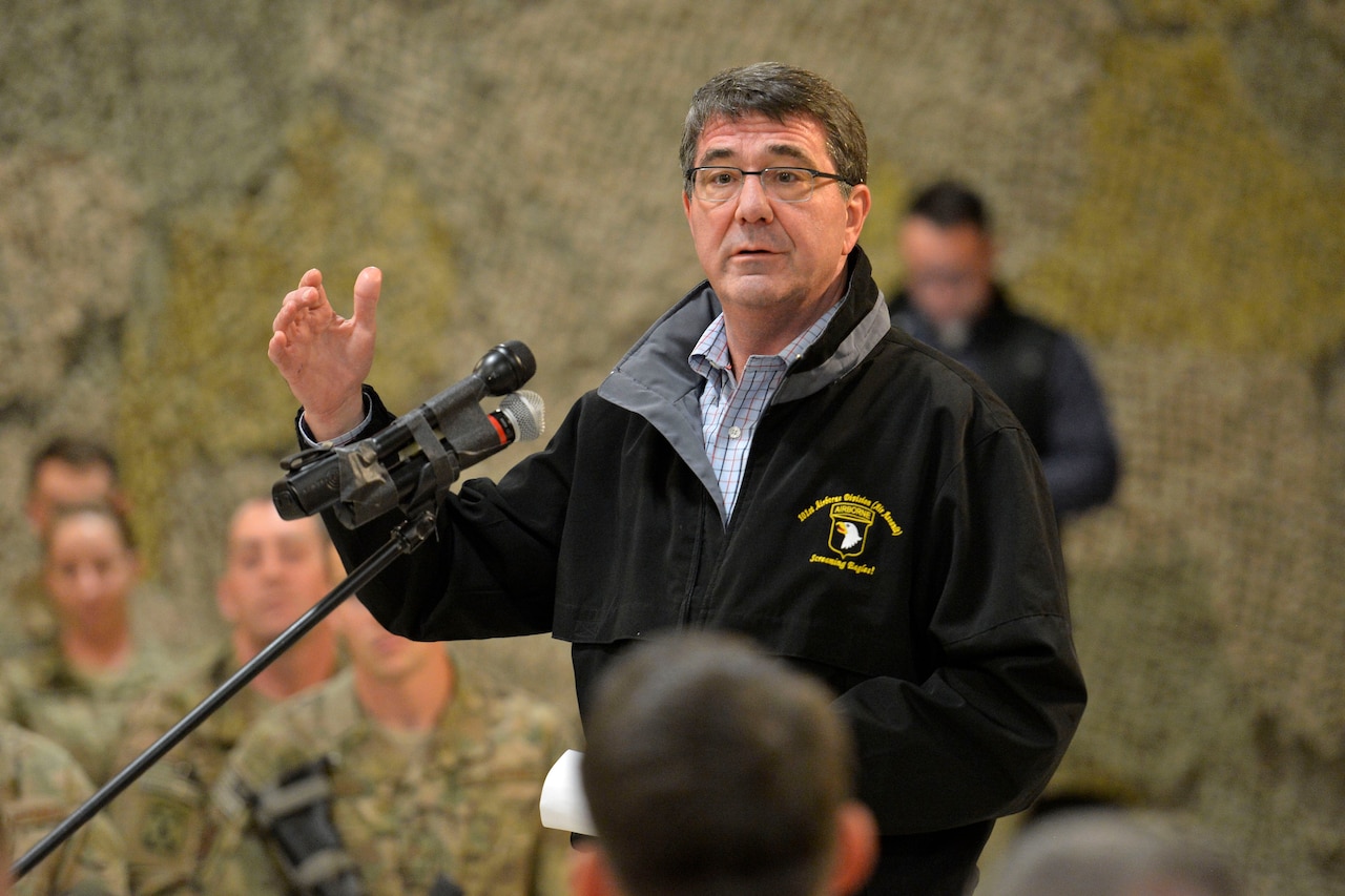 U.S. Defense Secretary Ash Carter addresses service members on Kandahar Airfield, Afghanistan, Feb. 22, 2015. Carter answered questions on various topics and thanked troops for their service. The visit is Carter’s first to Afghanistan as defense secretary. DoD photo by Glenn Fawcett