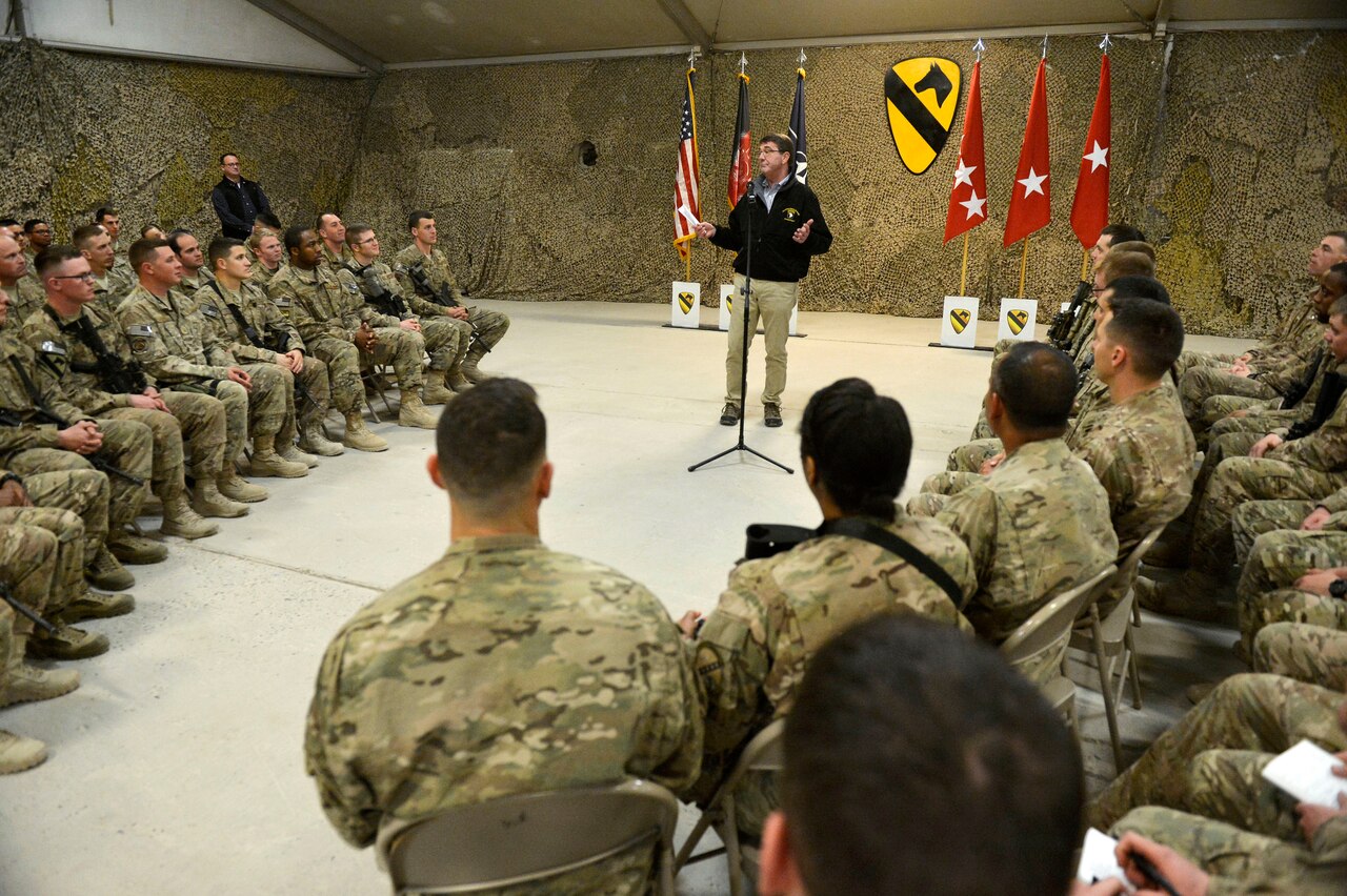 U.S. Defense Secretary Ash Carter talks with troops on Kandahar Airfield, Afghanistan, Feb. 22, 2015. Carter answered a range of questions and thanked troops for their service. DoD photo by Glenn Fawcett
