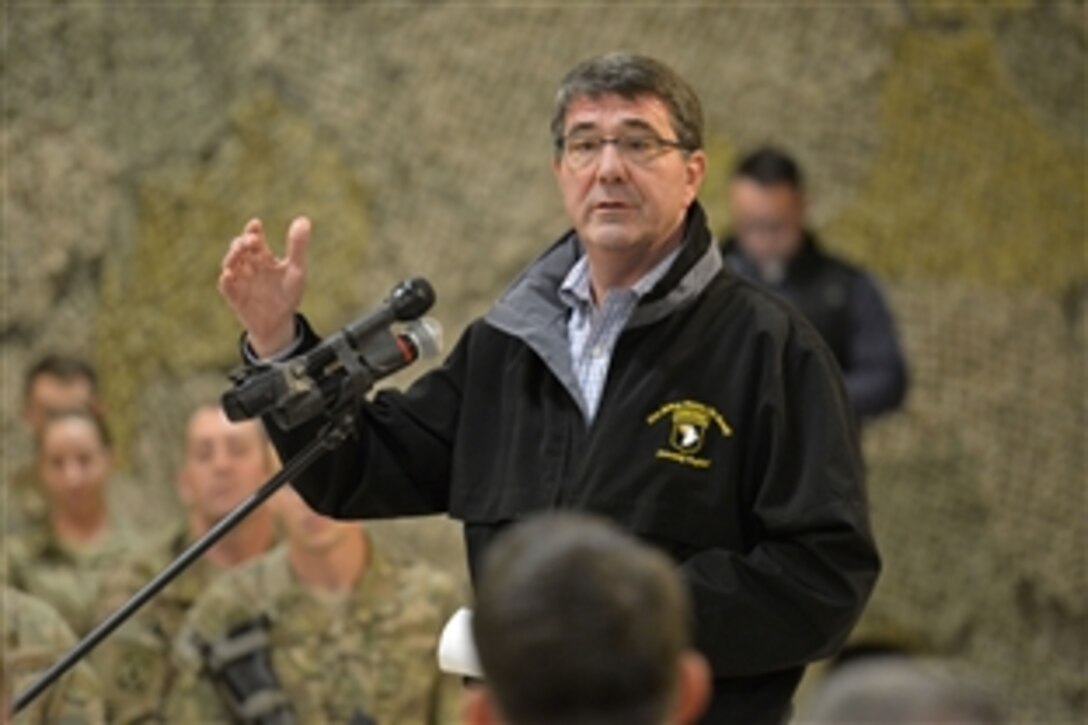 U.S. Defense Secretary Ash Carter addresses service members on Kandahar Airfield, Afghanistan, Feb. 22, 2015. Carter answered questions on various topics and thanked troops for their service. The visit is Carter’s first to Afghanistan as secretary.