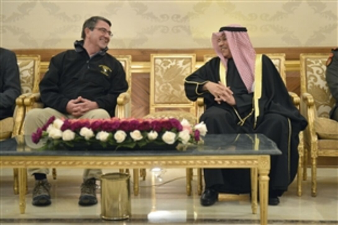 U. S. Defense Secretary Ash Carter meets with Kuwaiti Deputy Prime Minister and Defense Minister Sheikh Khalid Al Jarrah Al Sabah in Kuwait City, Feb. 22, 2015. During his first overseas trip as secretary, Carter plans to meet with senior U.S. military and foreign leaders to assess operations in Afghanistan and the regional effort to contain and defeat the Islamic State of Iraq and the Levant. 