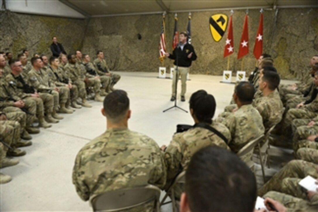U.S. Defense Secretary Ash Carter talks with troops on Kandahar Airfield, Afghanistan, Feb. 22, 2015. Carter answered a range of questions and thanked troops for their service. 