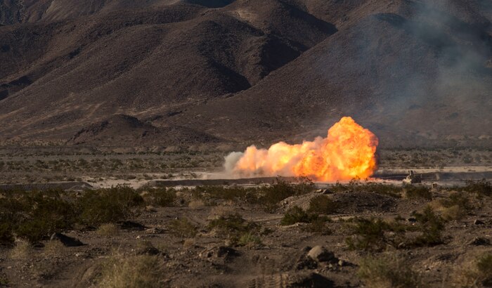 Marines detonate the mine-clearing line charge Feb. 9 at Marine Air Ground Combat Center Twentynine Palms, California, at the battalion assault course during Integrated Training Exercise 2-15. The MCLIC is a 1,700 pound composition C-4 explosive charge to designed to destroy enemy explosives to allow ground troops to move in and repel the enemy’s assault. The Marines are with 2nd Combat Engineer Battalion, 2nd Marine Division, II Marine Expeditionary Force. 