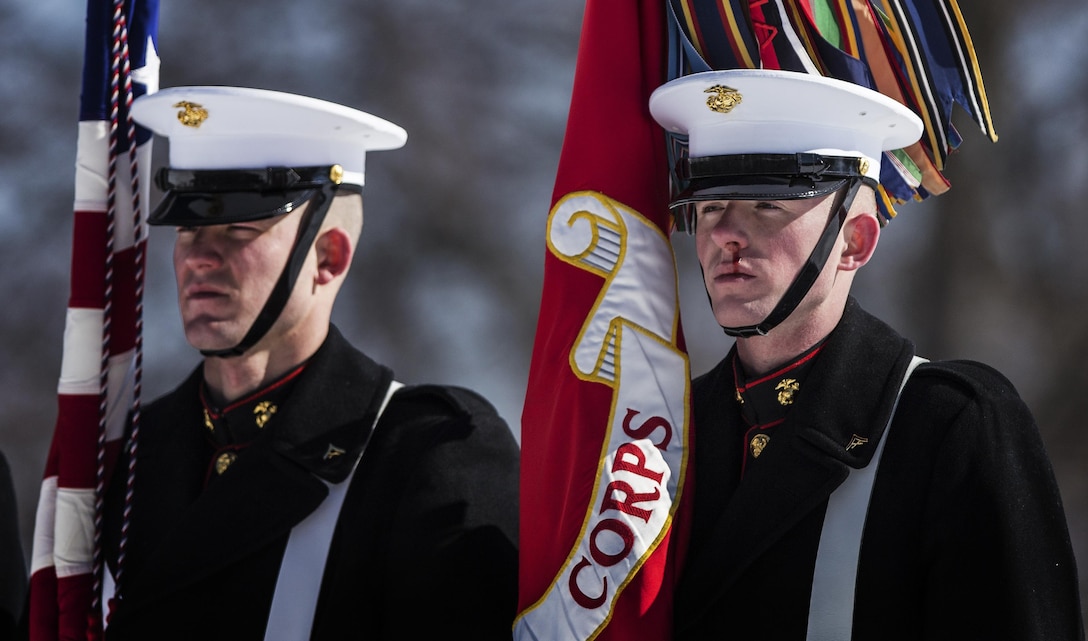 Marines attached to Marine Corps Barracks Washington form up during the Sgt. Maj. of the Marine Corps' appointment and relief ceremony, at the Marine Corps War Memorial in Washington, Feb. 20, 2015. The post of Sergeant Major of the Marine Corps was established in 1957 as the senior enlisted advisor to the Commandant of the Marine Corps, the first such post in any of the branches of the United States Armed Forces. (U.S. Marine Corps photo by Cpl Filipowicz/Released)