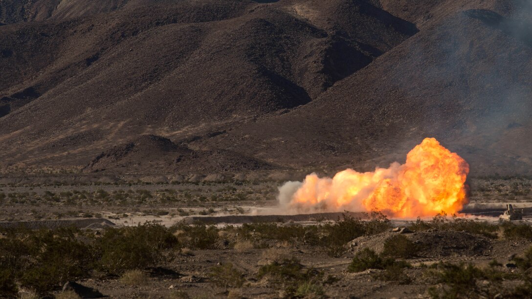 Marines detonate the mine-clearing line charge Feb. 9 at Marine Air Ground Combat Center Twentynine Palms, California, at the battalion assault course during Integrated Training Exercise 2-15. The MCLIC is a 1,700 pound composition C-4 explosive charge to designed to destroy enemy explosives to allow ground troops to move in and repel the enemy’s assault. The Marines are with 2nd Combat Engineer Battalion, 2nd Marine Division, II Marine Expeditionary Force.