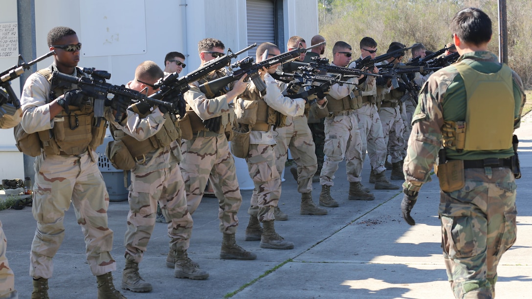A Critical Skills Operator with 3rd Marine Special Operations Battalion, U.S. Marine Corps Forces Special Operations Command, teaches Marines with 2nd Combat Engineer Battalion, 2nd Marine Division, shooting techniques before firing M4 carbine rifles and M9 service pistols at a range here, Feb. 10, 2015. Marines with 3rd MSOB participated in RAVEN 15-03, a 10-day realistic military training exercise to enhance the battalion’s readiness for worldwide support to global security. Marines with 2nd CEB played the role of a partner nation force during the exercise. 
