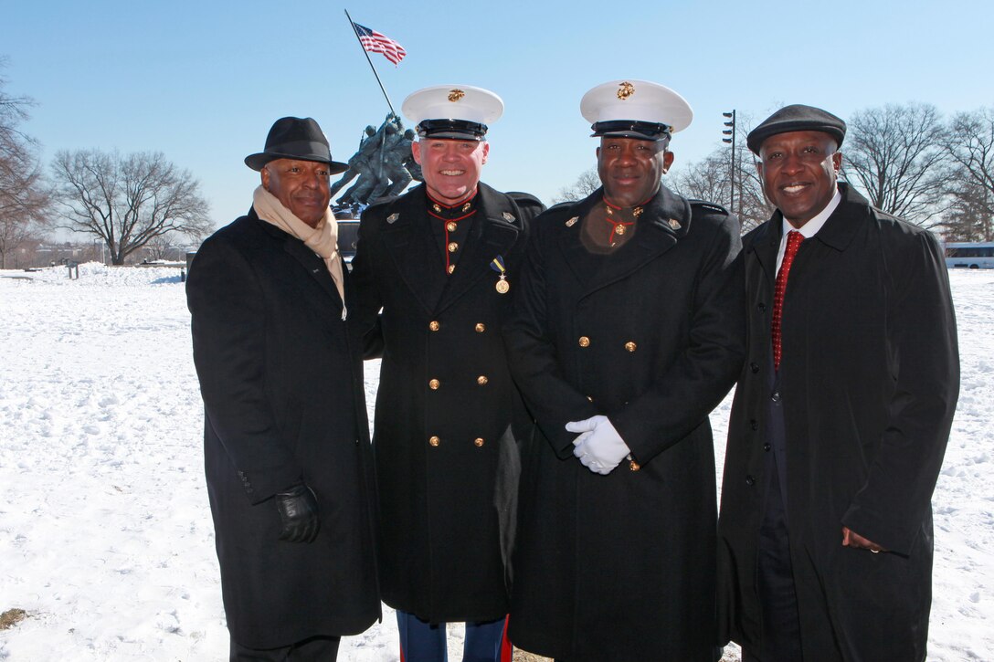 Gen. Joseph F. Dunford, the 36th Commandant of the Marine Corps hosts the Sergeant Major of the Marine Corps Relief and Appointment Ceremony at the Marine Corps War Memorial in Arlington, Va., Feb. 20, 2015. During the Ceremony Sgt. Maj. Micheal P. Barrett, the 17th Sergeant Major of the Marine Corps, retired and relinquished his post to Sgt. Maj. Ronald L. Green, the 18th Sergeant Major of the Marine Corps. (U.S. Marine Corps photo by Sgt. Marionne T. Mangrum.)