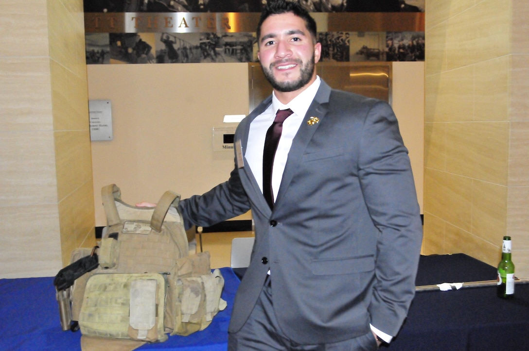 Sgt. Luis Hernandez was serving in Marjah, Afghanistan with the 1st Battalion, 6th Marine Regiment when an IED exploded and nearly killed. He donated the flak jacket he was wearing at the time to the National Museum of the Marine Corps during Friday night’s Marjah Marines Reunion Dinner at the National Museum of the Marine Corps.