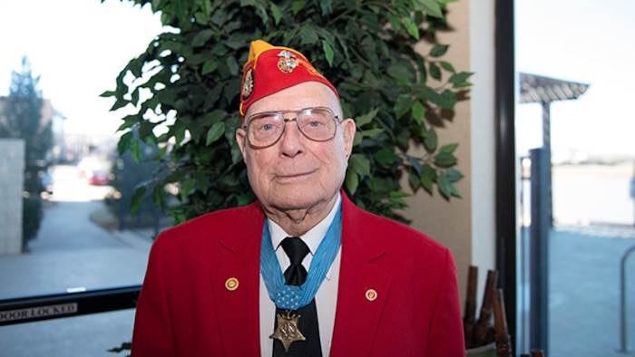 Hershel "Woody" Williams, Marine survivor from the battle of Iwo Jima and the last living Medal of Honor recipient for his actions during the battle, poses for a photo during the Iwo Jima Battle Survivors and Family Association 70th anniversary reunion at Wichita Falls, Texas, February 14, 2015. Williams has started the Hershel "Woody" Williams Medal of Honor Foundation, which encourages, with the assistance of the American public and community leaders, establishing permanent gold star family memorial monuments in their communities throughout the United States to honor gold star families who have sacrificed a loved one in the service of their country.