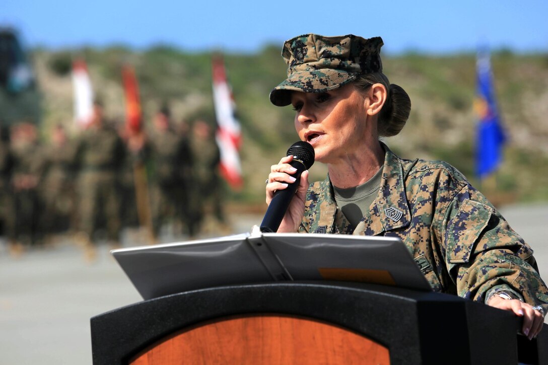 Sgt. Maj. Rocio M. Serrano-Tanksley relinquished command of 1st Radio Battalion to Sgt. Maj. Joseph J. Caputo during a relief and appointment ceremony held at Landing Zone 16, Feb. 19.