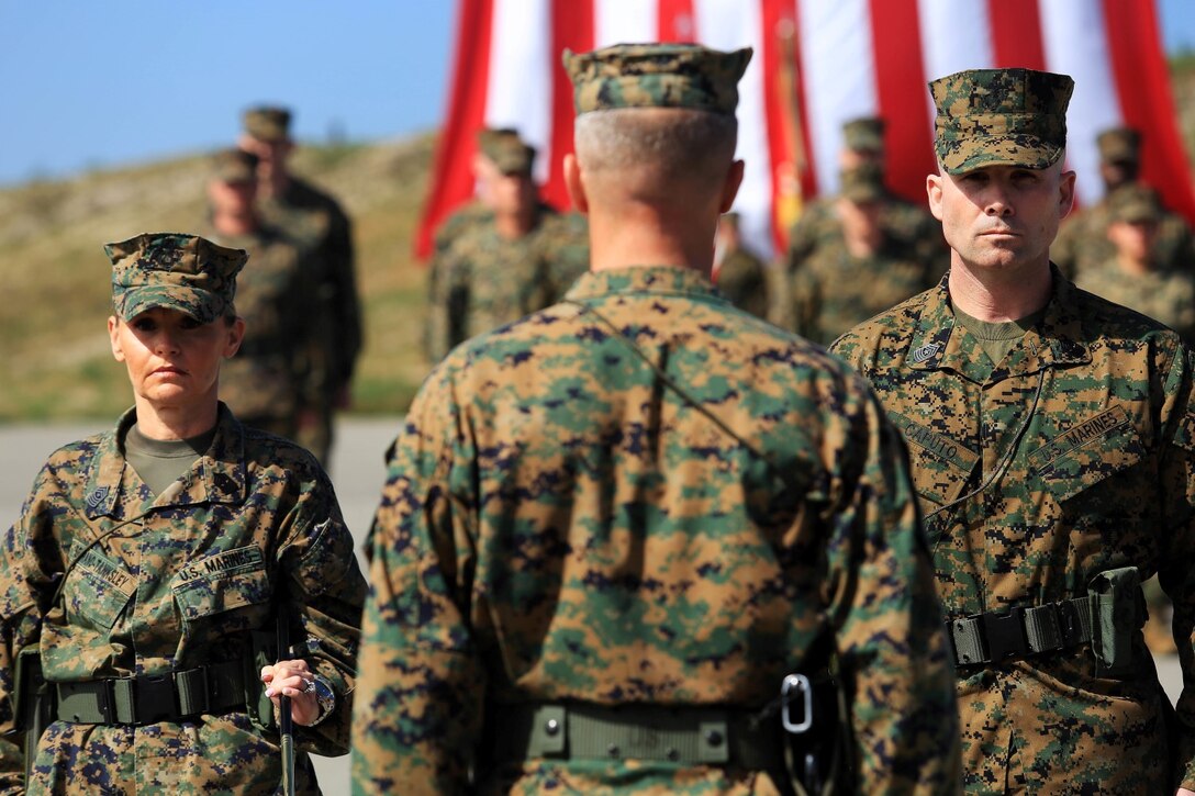 Sgt. Maj. Rocio M. Serrano-Tanksley relinquished command of 1st Radion Battalion to Sgt. Maj. Joseph J. Caputo during a relief and appointment ceremony held at Landing Zone 16, Feb. 19.