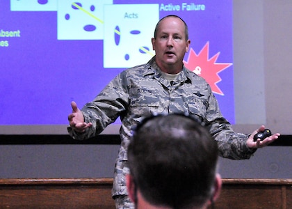 Col. John Slocum, the Air National Guard’s safety director, discusses high-risk behavior, suicides and Wingman concepts with Airmen from the Air Guard Readiness Center at the base theatre on Joint Base Andrews, Md., during an Air Force-wide Wingman Stand-down June 9, 2010.