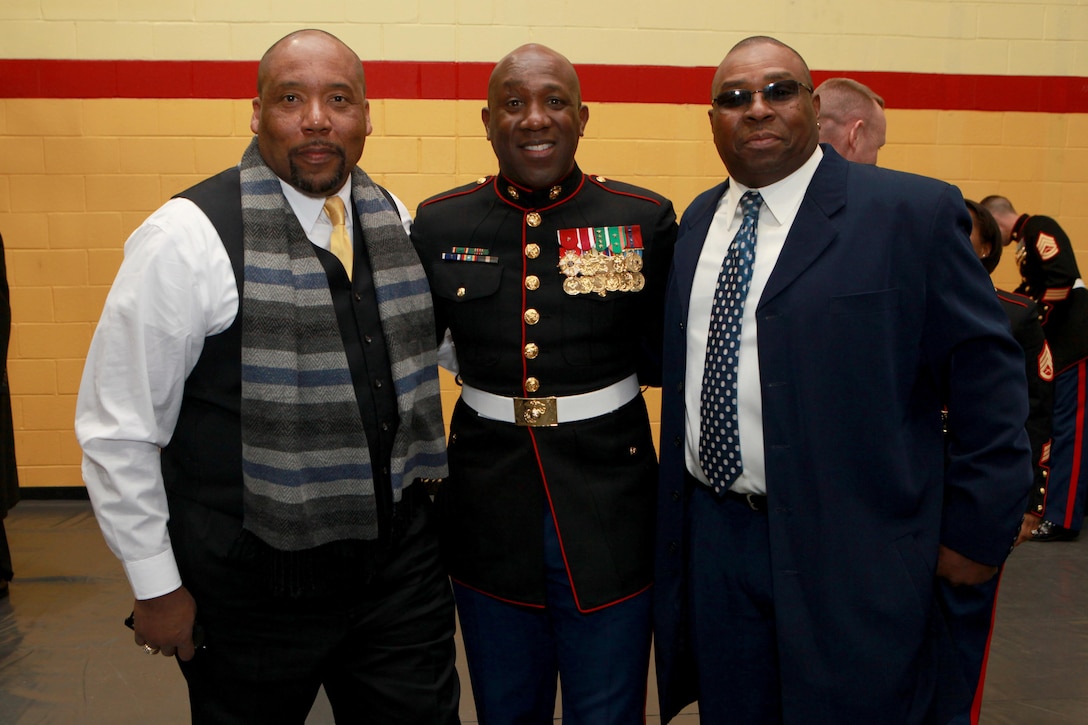 A reception for the Sergeant Major of the Marine Corps Relief and Appointment Ceremony is held at the Cpl. Terry L. Smith Gym on Joint Base Myer-Henderson Hall, Va., Feb. 20, 2015. During the Ceremony Sgt. Maj. Micheal P. Barrett, the 17th Sergeant Major of the Marine Corps, retired and relinquished his post to Sgt. Maj. Ronald L. Green, the 18th Sergeant Major of the Marine Corps. (U.S. Marine Corps photo by Sgt. Marionne T. Mangrum.)