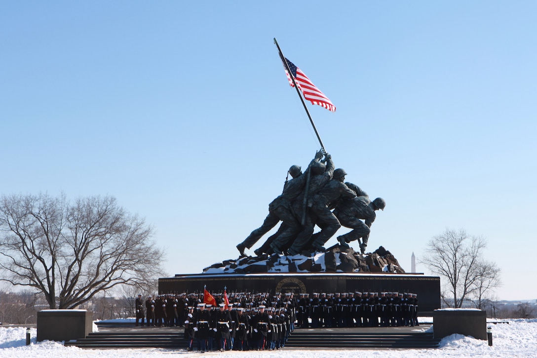 Gen. Joseph F. Dunford, the 36th Commandant of the Marine Corps hosts the Sergeant Major of the Marine Corps Relief and Appointment Ceremony at the Marine Corps War Memorial in Arlington, Va., Feb. 20, 2015. During the Ceremony Sgt. Maj. Micheal P. Barrett, the 17th Sergeant Major of the Marine Corps, retired and relinquished his post to Sgt. Maj. Ronald L. Green, the 18th Sergeant Major of the Marine Corps. (U.S. Marine Corps photo by Sgt. Marionne T. Mangrum)