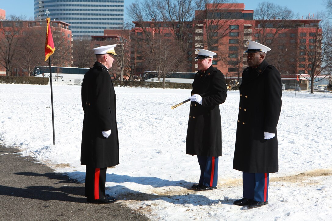 Gen. Joseph F. Dunford, the 36th Commandant of the Marine Corps hosts the Sergeant Major of the Marine Corps Relief and Appointment Ceremony at the Marine Corps War Memorial in Arlington, Va., Feb. 20, 2015. During the Ceremony Sgt. Maj. Micheal P. Barrett, the 17th Sergeant Major of the Marine Corps, retired and relinquished his post to Sgt. Maj. Ronald L. Green, the 18th Sergeant Major of the Marine Corps. (U.S. Marine Corps photo by Sgt. Marionne T. Mangrum.)