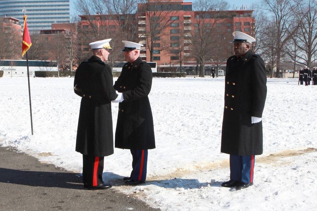 Gen. Joseph F. Dunford, the 36th Commandant of the Marine Corps hosts the Sergeant Major of the Marine Corps Relief and Appointment Ceremony at the Marine Corps War Memorial in Arlington, Va., Feb. 20, 2015. During the Ceremony Sgt. Maj. Micheal P. Barrett, the 17th Sergeant Major of the Marine Corps, retired and relinquished his post to Sgt. Maj. Ronald L. Green, the 18th Sergeant Major of the Marine Corps. (U.S. Marine Corps photo by Sgt. Marionne T. Mangrum.)