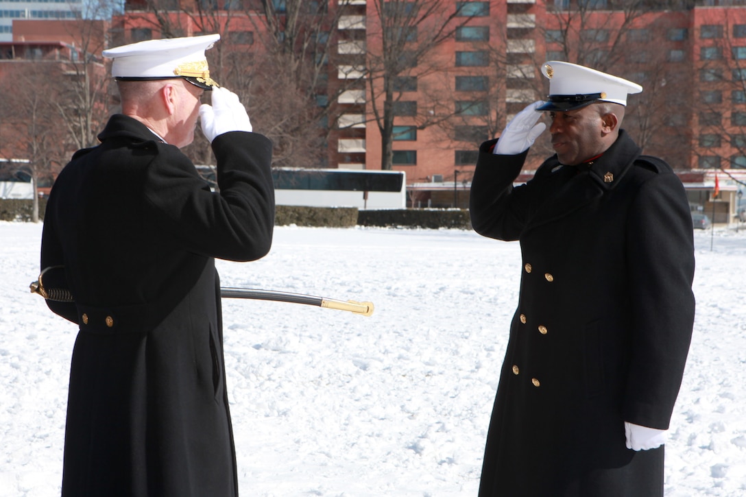 Gen. Joseph F. Dunford, the 36th Commandant of the Marine Corps hosts the Sergeant Major of the Marine Corps Relief and Appointment Ceremony at the Marine Corps War Memorial in Arlington, Va., Feb. 20, 2015. During the Ceremony Sgt. Maj. Micheal P. Barrett, the 17th Sergeant Major of the Marine Corps, retired and relinquished his post to Sgt. Maj. Ronald L. Green, the 18th Sergeant Major of the Marine Corps. (U.S. Marine Corps photo by Sgt. Marionne T. Mangrum.)
