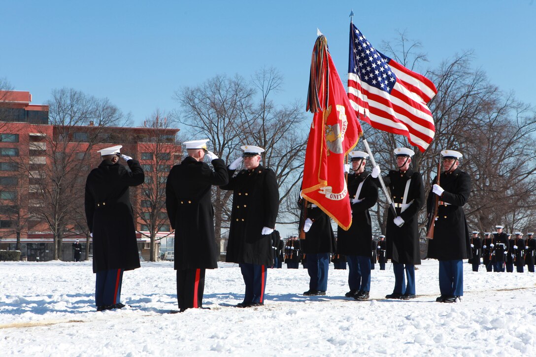 Gen. Joseph F. Dunford, the 36th Commandant of the Marine Corps hosts the Sergeant Major of the Marine Corps Relief and Appointment Ceremony at the Marine Corps War Memorial in Arlington, Va., Feb. 20, 2015. During the Ceremony Sgt. Maj. Micheal P. Barrett, the 17th Sergeant Major of the Marine Corps, retired and relinquished his post to Sgt. Maj. Ronald L. Green, the 18th Sergeant Major of the Marine Corps. (U.S. Marine Corps photo by Sgt. Marionne T. Mangrum.)