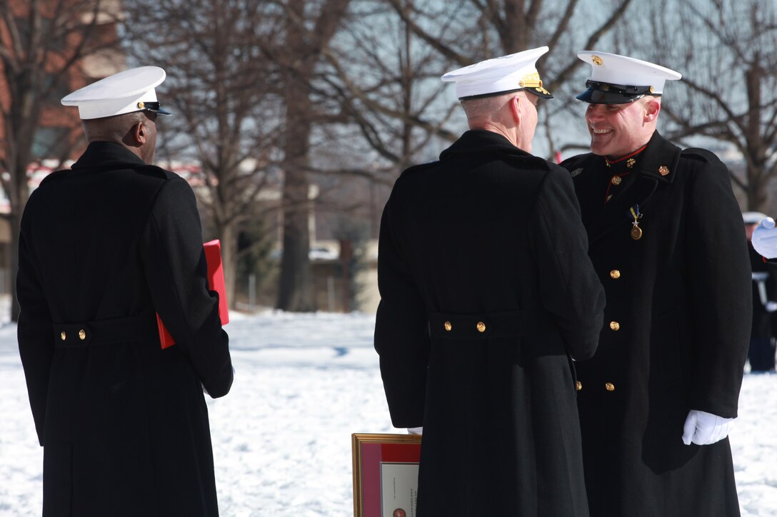 Gen. Joseph F. Dunford, the 36th Commandant of the Marine Corps hosts the Sergeant Major of the Marine Corps Relief and Appointment Ceremony at the Marine Corps War Memorial in Arlington, Va., Feb. 20, 2015. During the Ceremony Sgt. Maj. Micheal P. Barrett, the 17th Sergeant Major of the Marine Corps, retired and relinquished his post to Sgt. Maj. Ronald L. Green, the 18th Sergeant Major of the Marine Corps. (U.S. Marine Corps photo by Sgt. Marionne T. Mangrum.)