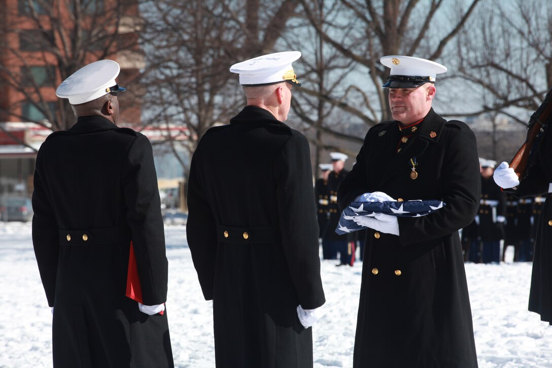 Gen. Joseph F. Dunford, the 36th Commandant of the Marine Corps hosts the Sergeant Major of the Marine Corps Relief and Appointment Ceremony at the Marine Corps War Memorial in Arlington, Va., Feb. 20, 2015. During the Ceremony Sgt. Maj. Micheal P. Barrett, the 17th Sergeant Major of the Marine Corps, retired and relinquished his post to Sgt. Maj. Ronald L. Green, the 18th Sergeant Major of the Marine Corps. (U.S. Marine Corps photo by Sgt. Marionne T. Mangrum.)