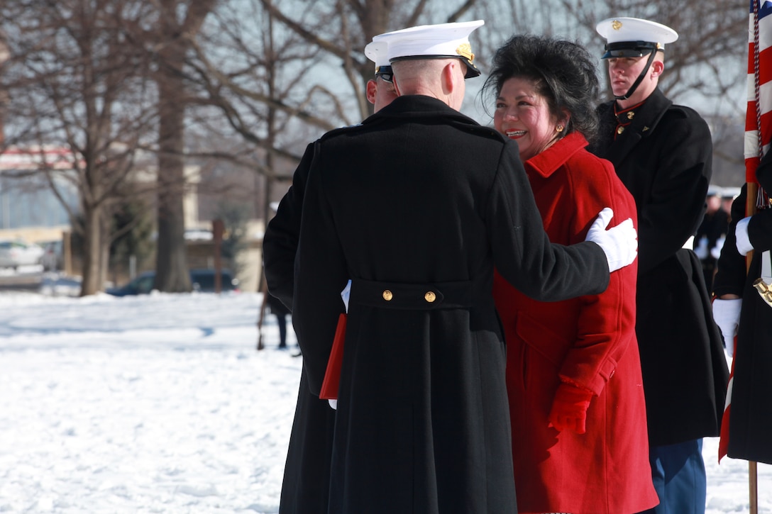 Gen. Joseph F. Dunford, the 36th Commandant of the Marine Corps hosts the Sergeant Major of the Marine Corps Relief and Appointment Ceremony at the Marine Corps War Memorial in Arlington, Va., Feb. 20, 2015. During the Ceremony Sgt. Maj. Micheal P. Barrett, the 17th Sergeant Major of the Marine Corps, retired and relinquished his post to Sgt. Maj. Ronald L. Green, the 18th Sergeant Major of the Marine Corps. (U.S. Marine Corps photo by Sgt. Marionne T. Mangrum.)