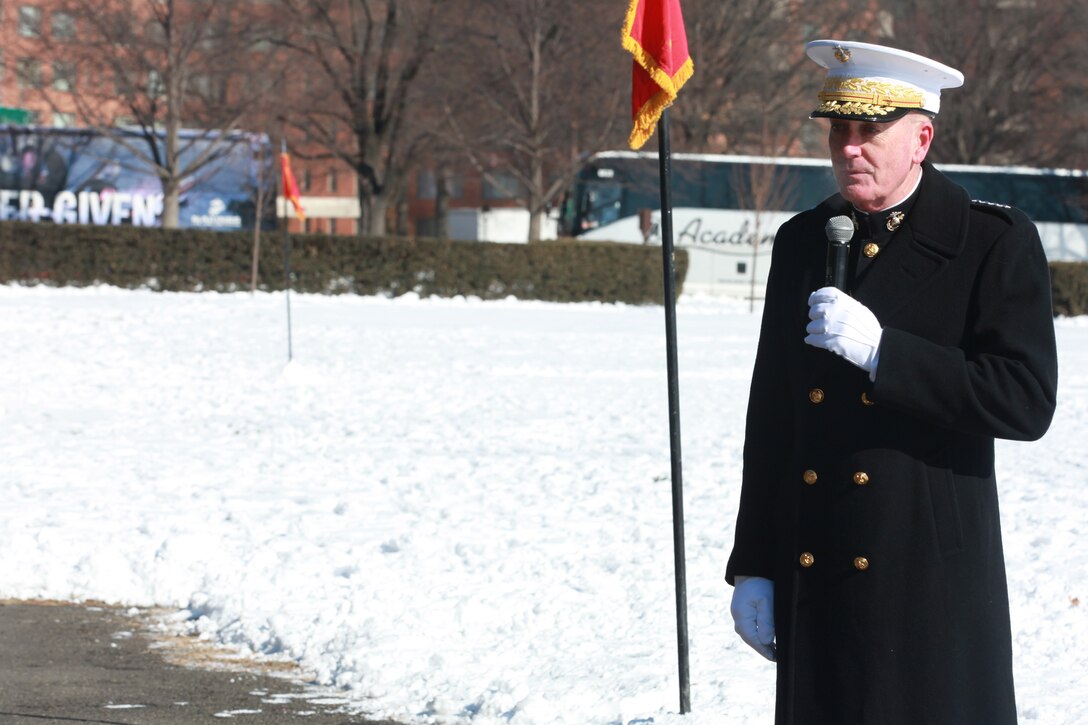Gen. Joseph F. Dunford, the 36th Commandant of the Marine Corps hosts the Sergeant Major of the Marine Corps Relief and Appointment Ceremony at the Marine Corps War Memorial in Arlington, Va., Feb. 20, 2015. During the Ceremony Sgt. Maj. Micheal P. Barrett, the 17th Sergeant Major of the Marine Corps, retired and relinquished his post to Sgt. Maj. Ronald L. Green, the 18th Sergeant Major of the Marine Corps. (U.S. Marine Corps photo by Sgt. Marionne T. Mangrum.)