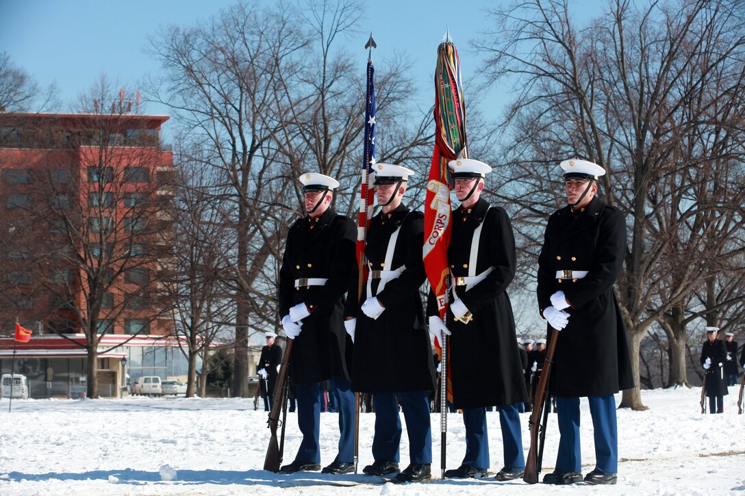 Gen. Joseph F. Dunford, the 36th Commandant of the Marine Corps hosts the Sergeant Major of the Marine Corps Relief and Appointment Ceremony at the Marine Corps War Memorial in Arlington, Va., Feb. 20, 2015. During the Ceremony Sgt. Maj. Micheal P. Barrett, the 17th Sergeant Major of the Marine Corps, retired and relinquished his post to Sgt. Maj. Ronald L. Green, the 18th Sergeant Major of the Marine Corps. (U.S. Marine Corps photo by Sgt. Marionne T. Mangrum.)