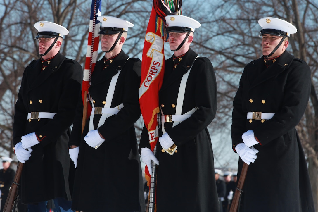 Gen. Joseph F. Dunford, the 36th Commandant of the Marine Corps hosts the Sergeant Major of the Marine Corps Relief and Appointment Ceremony at the Marine Corps War Memorial in Arlington, Va., Feb. 20, 2015. During the Ceremony Sgt. Maj. Micheal P. Barrett, the 17th Sergeant Major of the Marine Corps, retired and relinquished his post to Sgt. Maj. Ronald L. Green, the 18th Sergeant Major of the Marine Corps. (U.S. Marine Corps photo by Sgt. Marionne T. Mangrum.)