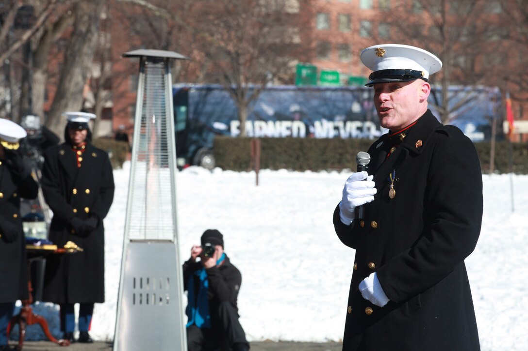 Gen. Joseph F. Dunford, the 36th Commandant of the Marine Corps hosts the Sergeant Major of the Marine Corps Relief and Appointment Ceremony at the Marine Corps War Memorial in Arlington, Va., Feb. 20, 2015. During the Ceremony Sgt. Maj. Micheal P. Barrett, the 17th Sergeant Major of the Marine Corps, retired and relinquished his post to Sgt. Maj. Ronald L. Green, the 18th Sergeant Major of the Marine Corps. (U.S. Marine Corps photo by Sgt. Marionne T. Mangrum.)
