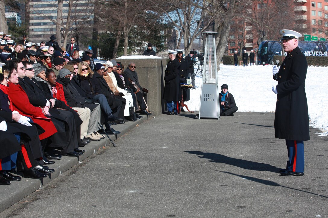 Gen. Joseph F. Dunford, the 36th Commandant of the Marine Corps hosts the Sergeant Major of the Marine Corps Relief and Appointment Ceremony at the Marine Corps War Memorial in Arlington, Va., Feb. 20, 2015. During the Ceremony Sgt. Maj. Micheal P. Barrett, the 17th Sergeant Major of the Marine Corps, retired and relinquished his post to Sgt. Maj. Ronald L. Green, the 18th Sergeant Major of the Marine Corps. (U.S. Marine Corps photo by Sgt. Marionne T. Mangrum.)