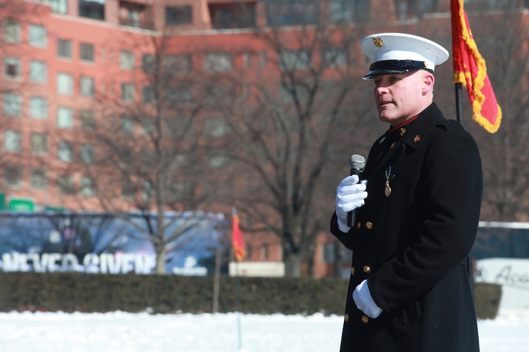 Gen. Joseph F. Dunford, the 36th Commandant of the Marine Corps hosts the Sergeant Major of the Marine Corps Relief and Appointment Ceremony at the Marine Corps War Memorial in Arlington, Va., Feb. 20, 2015. During the Ceremony Sgt. Maj. Micheal P. Barrett, the 17th Sergeant Major of the Marine Corps, retired and relinquished his post to Sgt. Maj. Ronald L. Green, the 18th Sergeant Major of the Marine Corps. (U.S. Marine Corps photo by Sgt. Marionne T. Mangrum.)