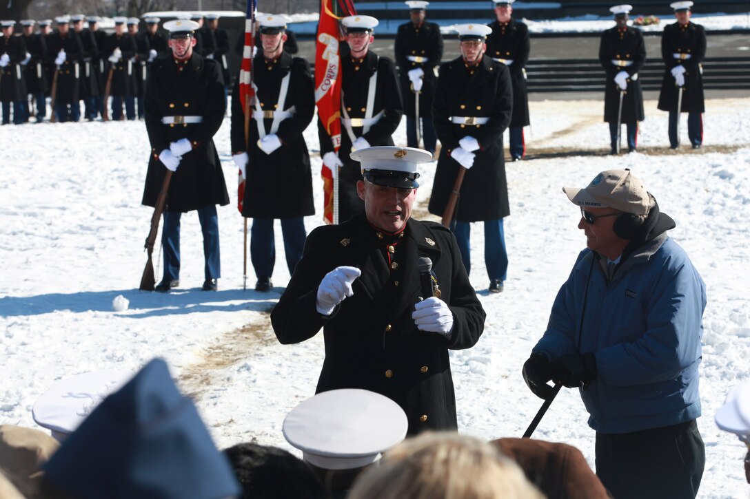 Gen. Joseph F. Dunford, the 36th Commandant of the Marine Corps hosts the Sergeant Major of the Marine Corps Relief and Appointment Ceremony at the Marine Corps War Memorial in Arlington, Va., Feb. 20, 2015. During the Ceremony Sgt. Maj. Micheal P. Barrett, the 17th Sergeant Major of the Marine Corps, retired and relinquished his post to Sgt. Maj. Ronald L. Green, the 18th Sergeant Major of the Marine Corps. (U.S. Marine Corps photo by Sgt. Marionne T. Mangrum.)