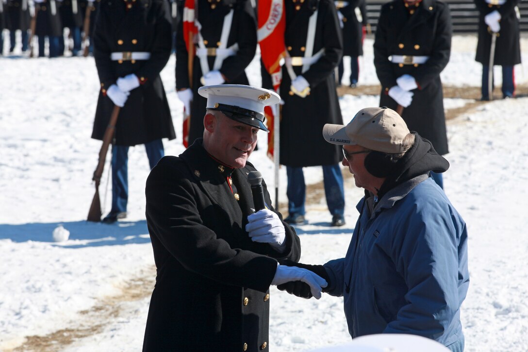 Gen. Joseph F. Dunford, the 36th Commandant of the Marine Corps hosts the Sergeant Major of the Marine Corps Relief and Appointment Ceremony at the Marine Corps War Memorial in Arlington, Va., Feb. 20, 2015. During the Ceremony Sgt. Maj. Micheal P. Barrett, the 17th Sergeant Major of the Marine Corps, retired and relinquished his post to Sgt. Maj. Ronald L. Green, the 18th Sergeant Major of the Marine Corps. (U.S. Marine Corps photo by Sgt. Marionne T. Mangrum.)