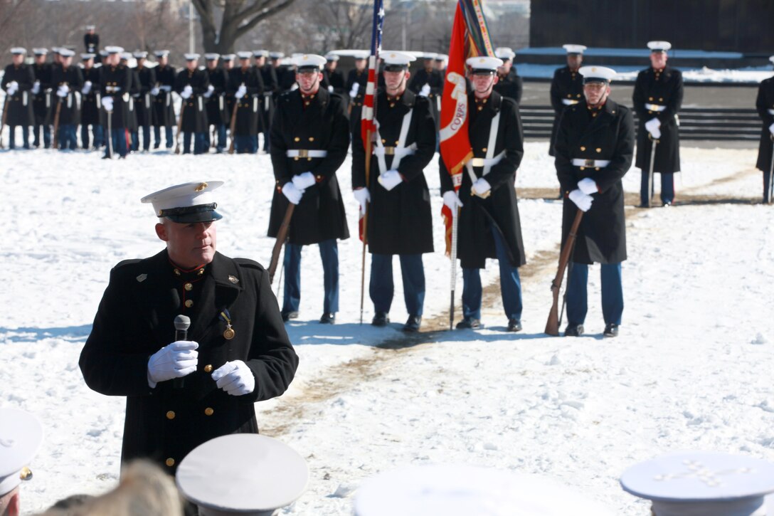Gen. Joseph F. Dunford, the 36th Commandant of the Marine Corps hosts the Sergeant Major of the Marine Corps Relief and Appointment Ceremony at the Marine Corps War Memorial in Arlington, Va., Feb. 20, 2015. During the Ceremony Sgt. Maj. Micheal P. Barrett, the 17th Sergeant Major of the Marine Corps, retired and relinquished his post to Sgt. Maj. Ronald L. Green, the 18th Sergeant Major of the Marine Corps. (U.S. Marine Corps photo by Sgt. Marionne T. Mangrum.)