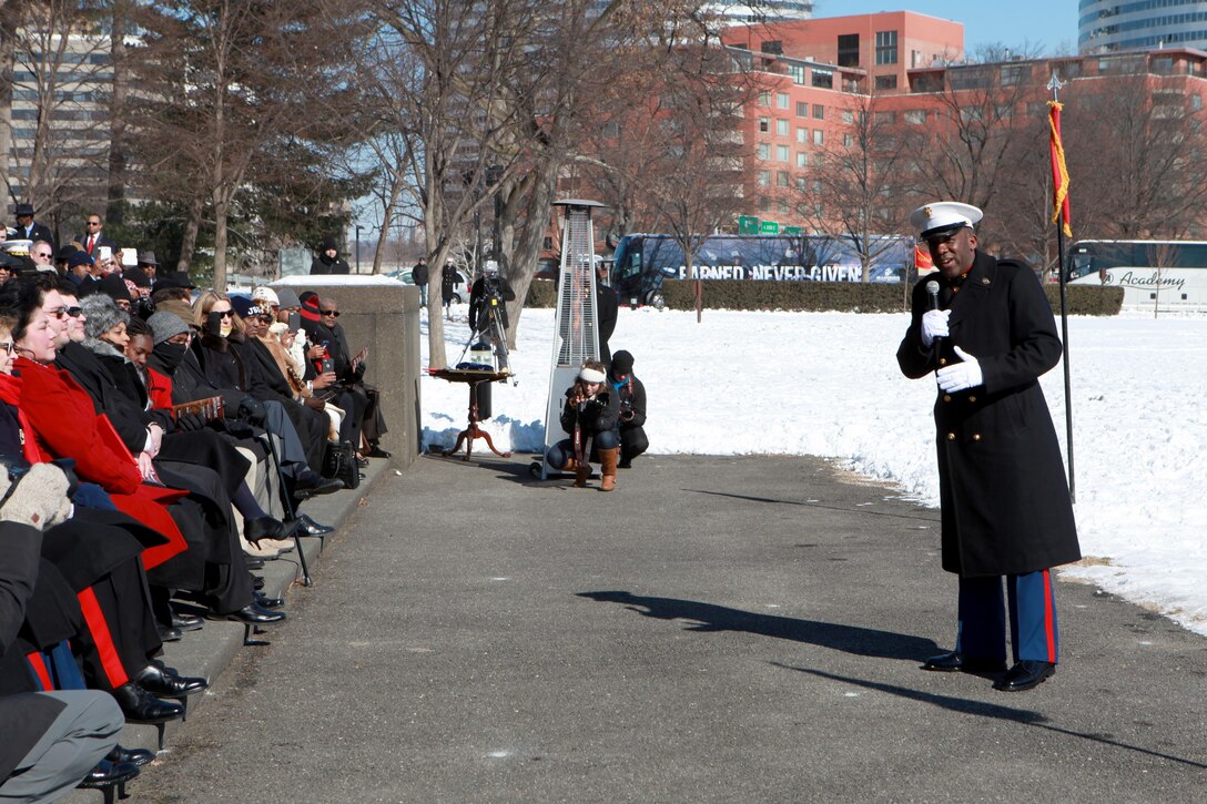 Gen. Joseph F. Dunford, the 36th Commandant of the Marine Corps hosts the Sergeant Major of the Marine Corps Relief and Appointment Ceremony at the Marine Corps War Memorial in Arlington, Va., Feb. 20, 2015. During the Ceremony Sgt. Maj. Micheal P. Barrett, the 17th Sergeant Major of the Marine Corps, retired and relinquished his post to Sgt. Maj. Ronald L. Green, the 18th Sergeant Major of the Marine Corps. (U.S. Marine Corps photo by Sgt. Marionne T. Mangrum.)