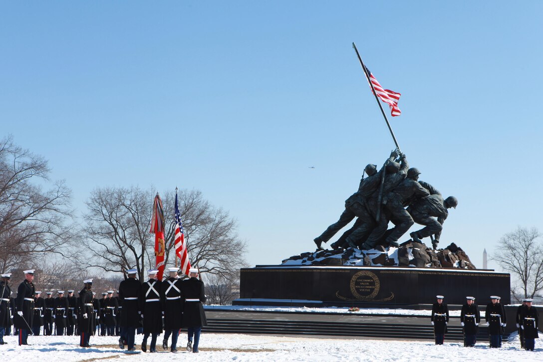 Gen. Joseph F. Dunford, the 36th Commandant of the Marine Corps hosts the Sergeant Major of the Marine Corps Relief and Appointment Ceremony at the Marine Corps War Memorial in Arlington, Va., Feb. 20, 2015. During the Ceremony Sgt. Maj. Micheal P. Barrett, the 17th Sergeant Major of the Marine Corps, retired and relinquished his post to Sgt. Maj. Ronald L. Green, the 18th Sergeant Major of the Marine Corps. (U.S. Marine Corps photo by Sgt. Marionne T. Mangrum.)
