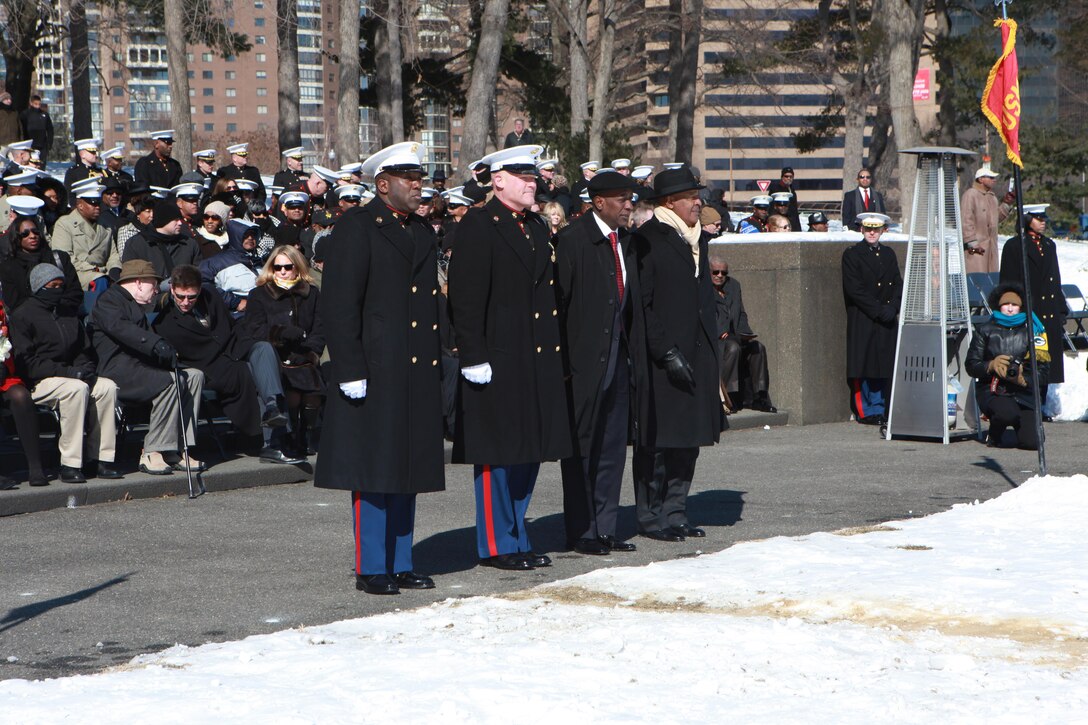 Gen. Joseph F. Dunford, the 36th Commandant of the Marine Corps hosts the Sergeant Major of the Marine Corps Relief and Appointment Ceremony at the Marine Corps War Memorial in Arlington, Va., Feb. 20, 2015. During the Ceremony Sgt. Maj. Micheal P. Barrett, the 17th Sergeant Major of the Marine Corps, retired and relinquished his post to Sgt. Maj. Ronald L. Green, the 18th Sergeant Major of the Marine Corps. (U.S. Marine Corps photo by Sgt. Marionne T. Mangrum.)