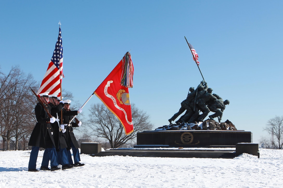 Gen. Joseph F. Dunford, the 36th Commandant of the Marine Corps hosts the Sergeant Major of the Marine Corps Relief and Appointment Ceremony at the Marine Corps War Memorial in Arlington, Va., Feb. 20, 2015. During the Ceremony Sgt. Maj. Micheal P. Barrett, the 17th Sergeant Major of the Marine Corps, retired and relinquished his post to Sgt. Maj. Ronald L. Green, the 18th Sergeant Major of the Marine Corps. (U.S. Marine Corps photo by Sgt. Marionne T. Mangrum.)