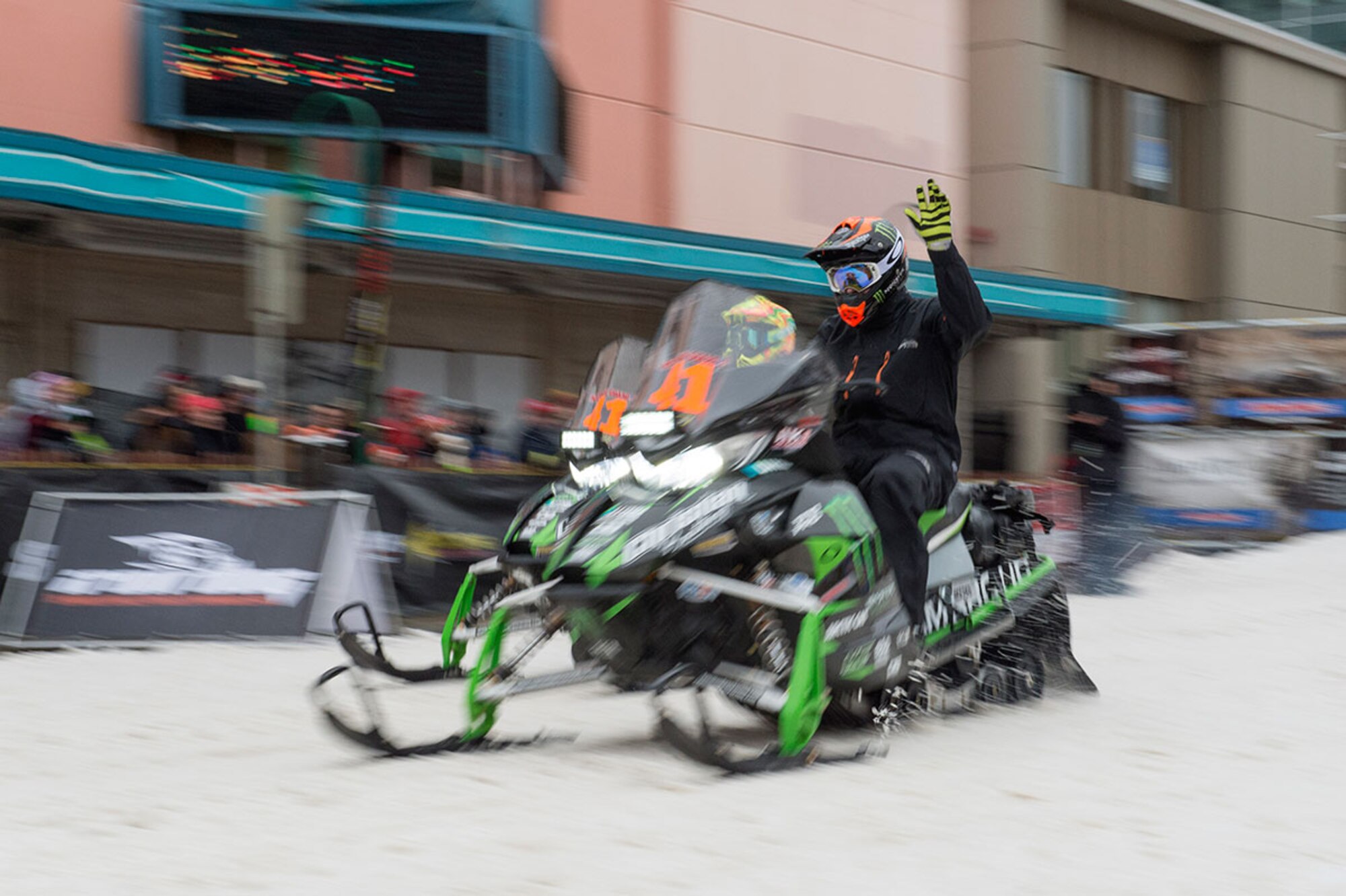 Iron Dog racers start the 2,000 mile-long course in Anchorage, Alaska, Feb. 21, 2015. For the first time, this year's race course passed through Joint Base Elmendorf-Richardson. (U.S. Air Force photo/Alejandro Pena)