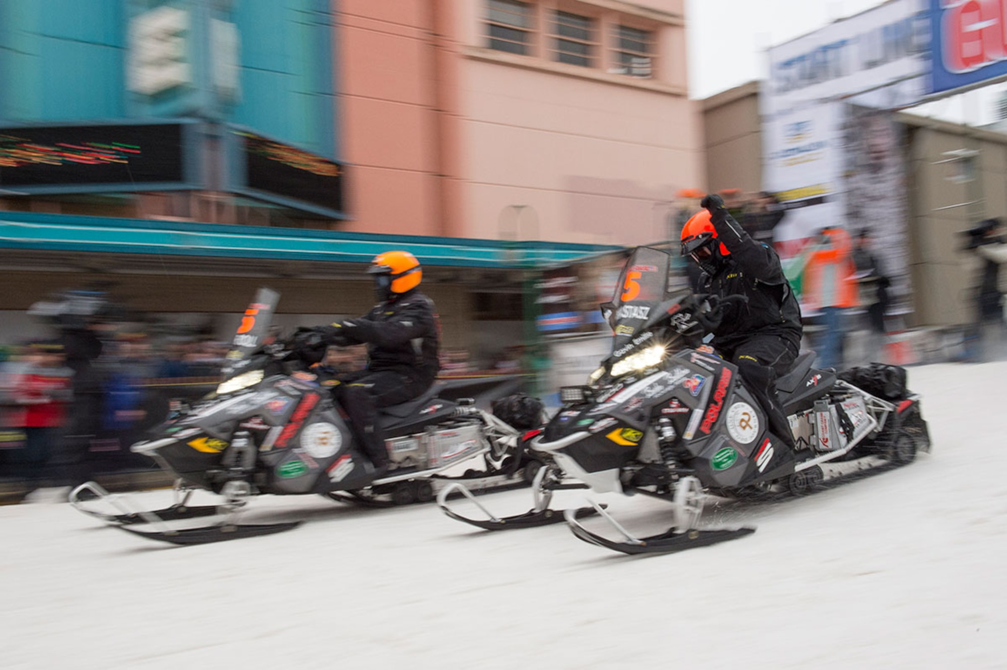 Iron Dog racers start the 2,000 mile-long course in Anchorage, Alaska, Feb. 21, 2015. For the first time, this year's race course passed through Joint Base Elmendorf-Richardson. (U.S. Air Force photo/Alejandro Pena)