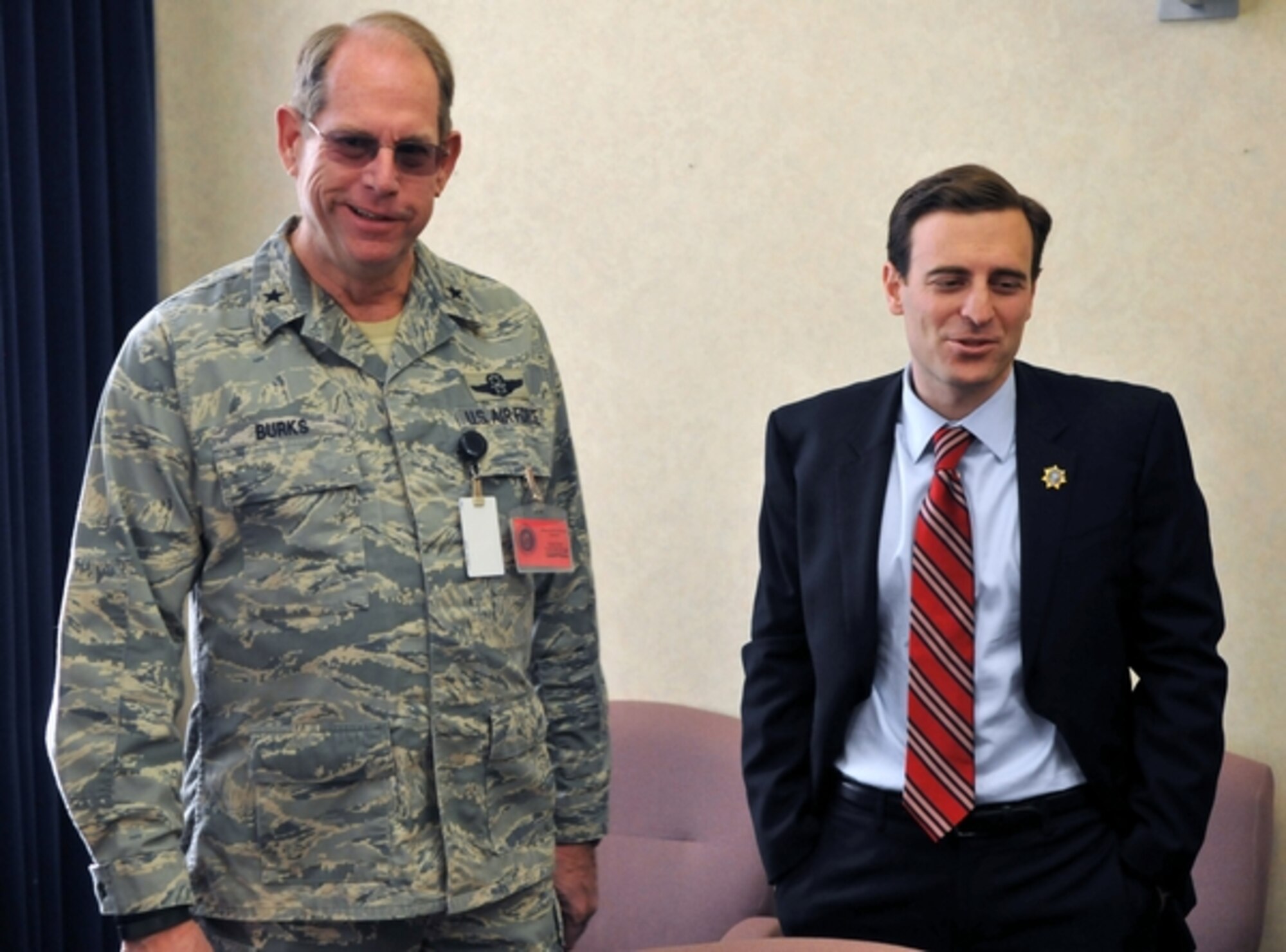Nevada National Guard Adjutant General, Brig. Gen. William Burks, left, meets with Nevada Attorney General Adam Laxalt on Feb. 12 to discuss the potential creation of a military legal assistance program. Laxalt, elected in November and a former Navy Judge Advocate General, said he wants to create an Office of Military Legal Assistance to match veterans and private lawyers looking to work pro-bono on certain civil cases.  NV ANG photo by Tech. Sgt. Emerson Marcus (released). 
