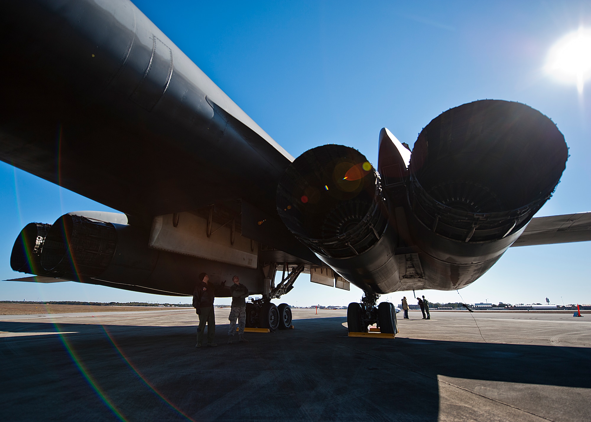 Members of the 53rd Wing check out the B-1B Lancer’s bomb bay during a tour of the aircraft Feb. 19 at Eglin Air Force Base, Fla.  The 337th Test and Evaluation Squadron bomber from Dyess AFB, Texas was here for a few missions and to allow wing personnel an opportunity to see one of their geographically separated aircraft up close.  (U.S. Air Force photo/Samuel King Jr.)