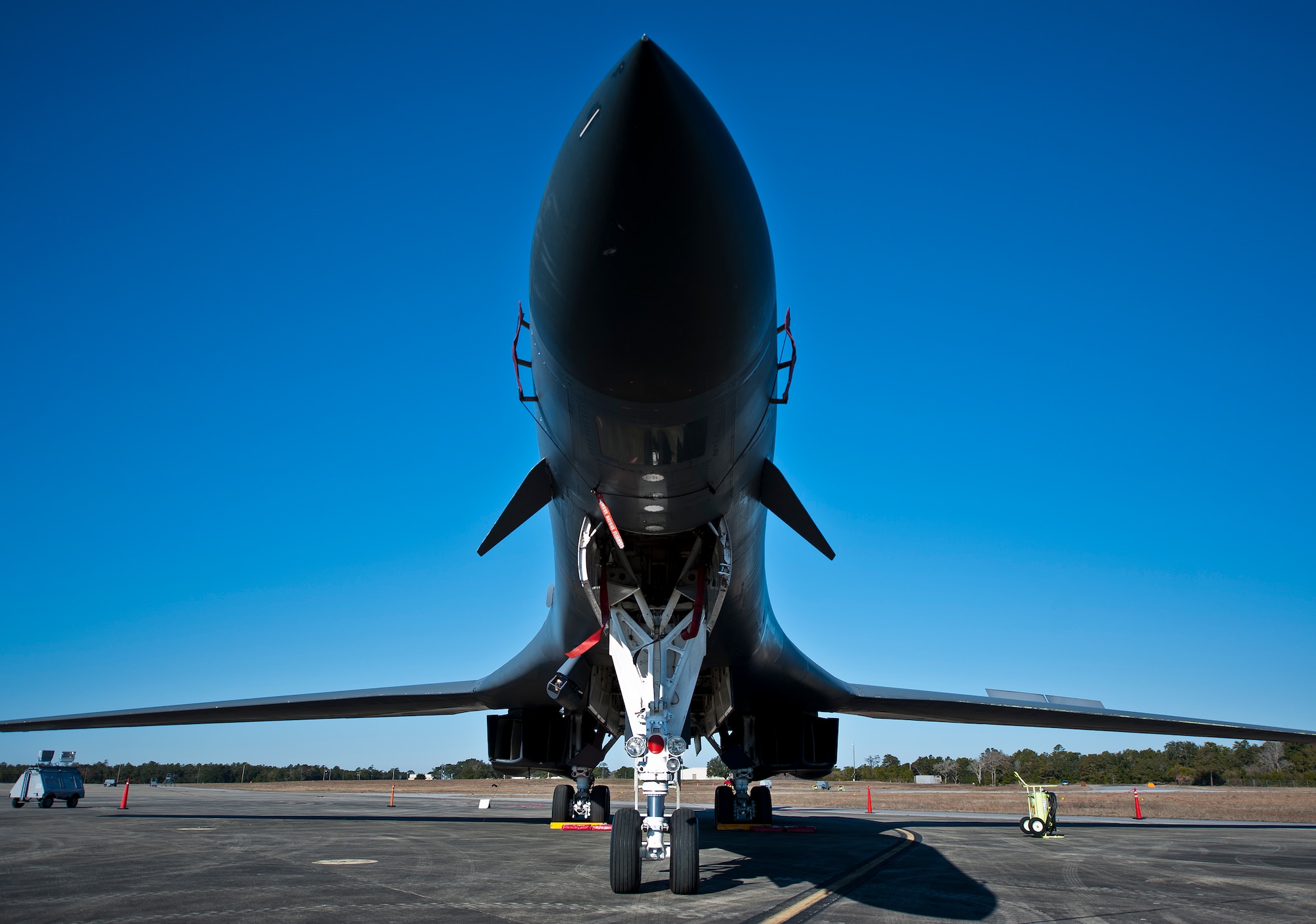 A 53rd Wing B-1B Lancer sits on the Eglin Air Force Base flightline Feb. 19. The 337th Test and Evaluation Squadron bomber from Dyess AFB, Texas was here for a few missions and to allow wing personnel an opportunity to see one of their geographically separated aircraft up close.  (U.S. Air Force photo/Samuel King Jr.)