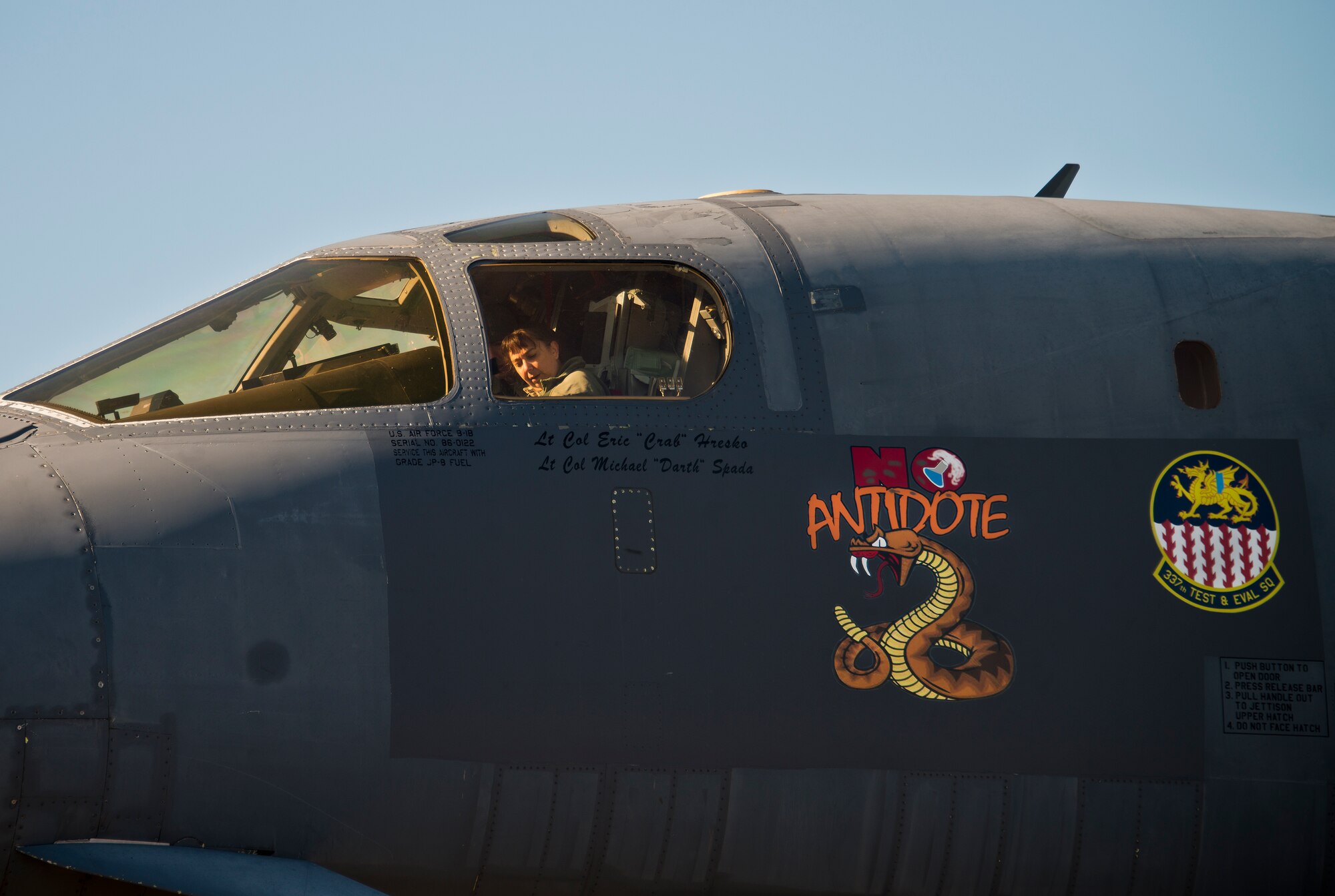 Master Sgt. Wendy Minar, 53rd Communication Systems Squadron, checks out the pilot seat of a B-1B Lancer during a tour of the aircraft Feb. 19 at Eglin Air Force Base, Fla.  The 53rd Wing bomber from Dyess AFB, Texas was here for a few missions and to allow wing personnel an opportunity to see one of their geographically separated aircraft up close.  (U.S. Air Force photo/Samuel King Jr.)