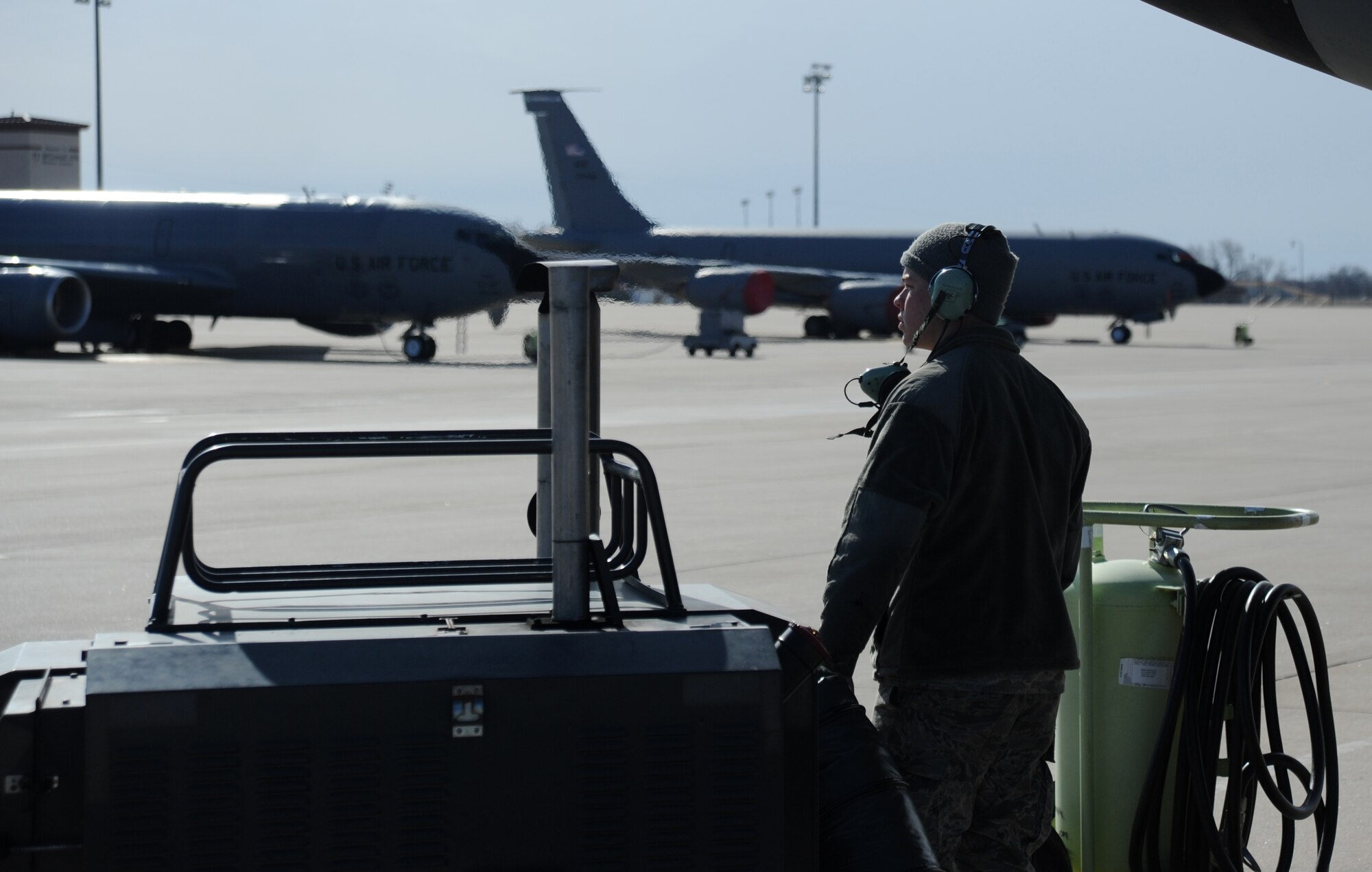 Airman 1st Class Caleb May, 22nd Aircraft Maintenance Squadron crew chief, waits for instruction during a flight control check, Feb. 18, at McConnell Air Force Base, Kan. Crew chiefs work on the flightline despite below freezing temperatures to ensure that McConnell’s aircraft are prepared for the refueling mission. (U.S. Air Force photo by Airman 1st Class Christopher Thornbury)