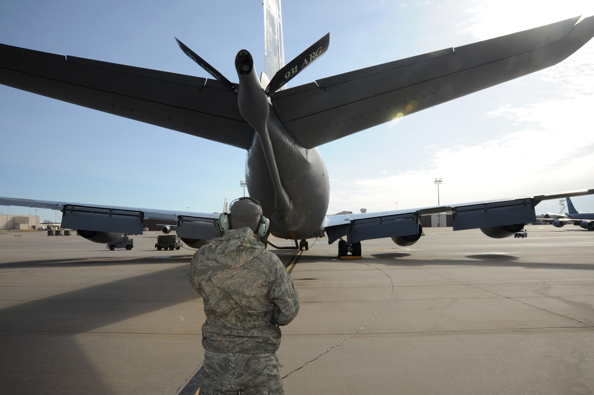 Senior Airman Charles Boehr, 22nd Aircraft Maintenance Squadron crew chief, verifies that the rudder and flaps are operable on a KC-135R Stratotanker, Feb. 18, at McConnell Air Force Base, Kan. Crew chiefs inspect and perform basic maintenance on hydraulics and to ensure that McConnell aircraft are prepared for the mission of refueling around the globe. (U.S. Air Force photo by Airman 1st Class Christopher Thornbury)